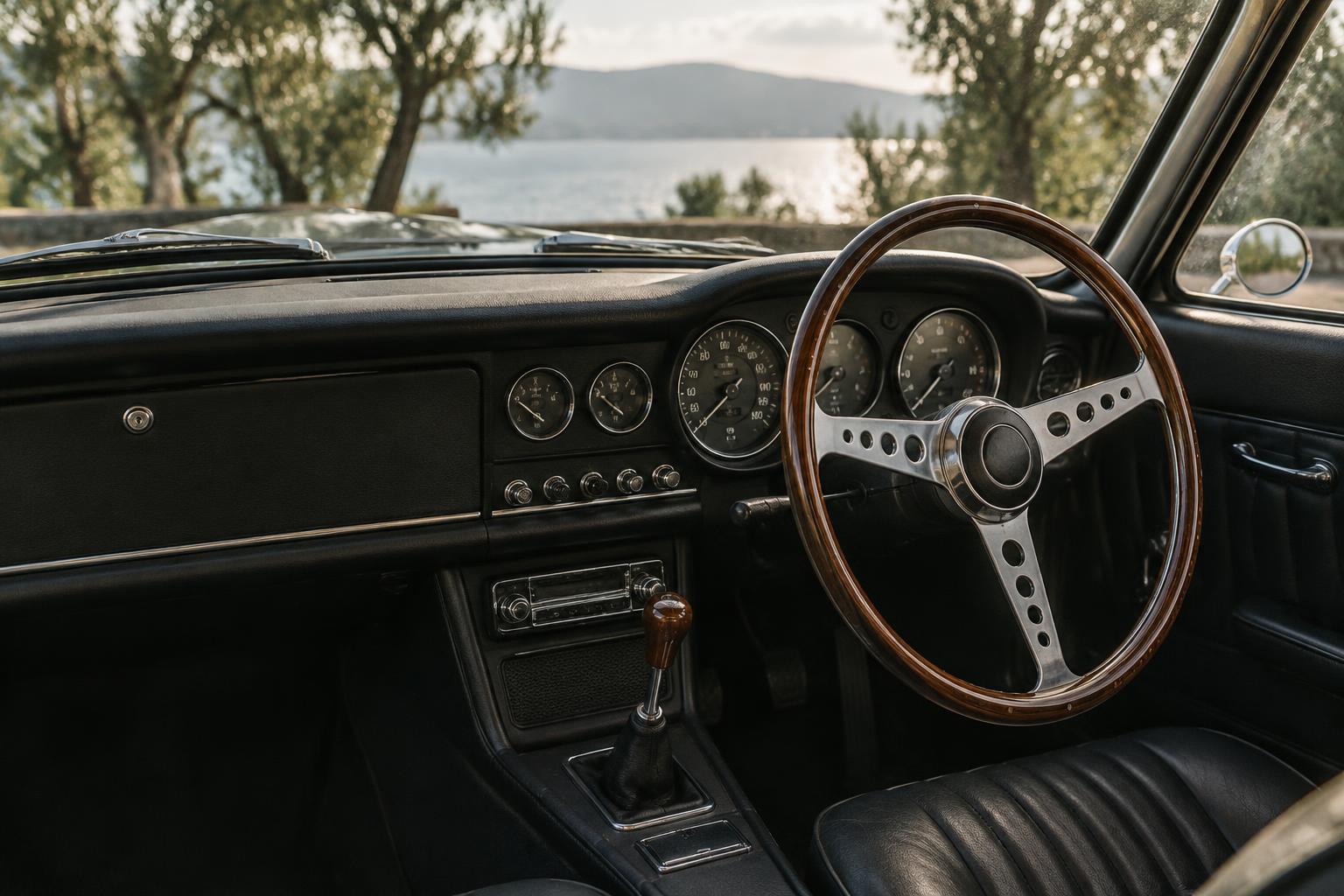 Interior de um automóvel clássico com volante de madeira — imagem ilustrativa