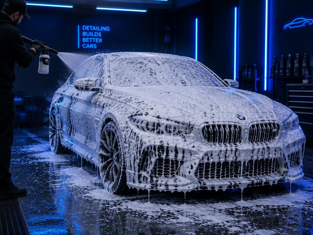 Carro coberto de espuma durante lavação (imagem ilustrativa)